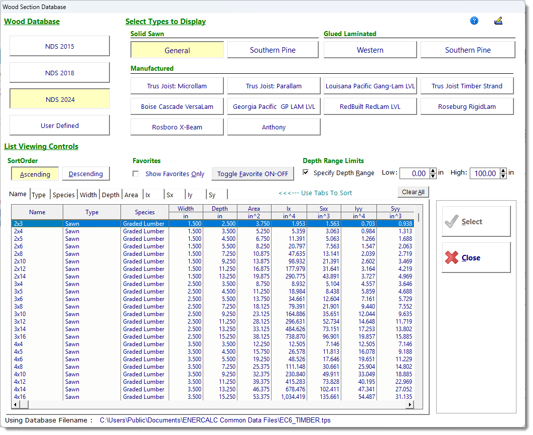 Wood Section Database Steel section database in ENERCALC