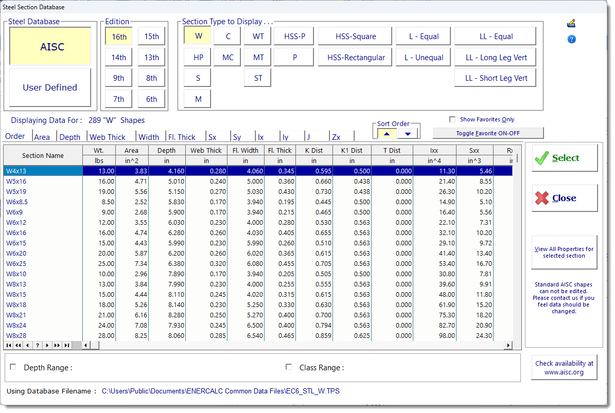 Steel Section Database
